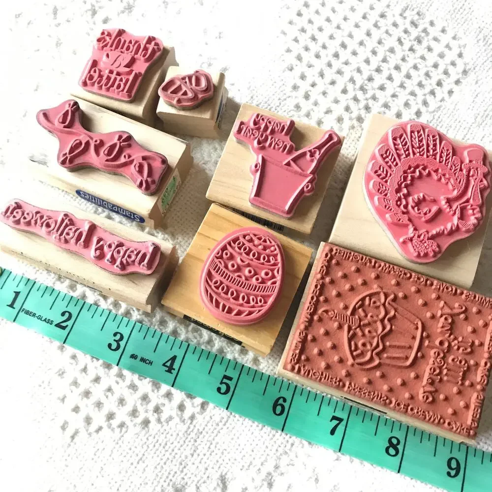 Pre-owned Wood-backed Rubber Stamp Holiday Lot of 8 stamps turkey birthday more
